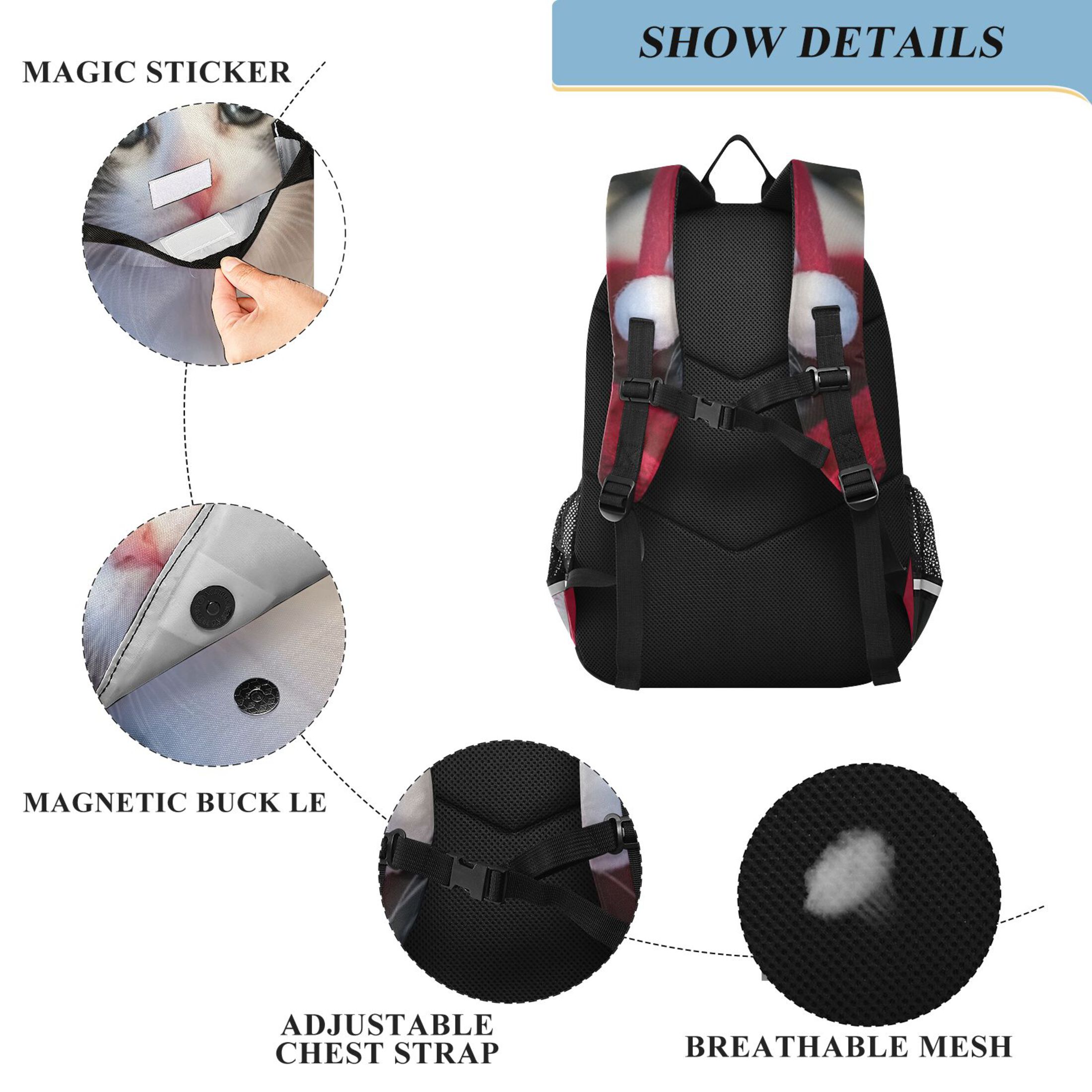 Backpack 12.9 *5.1 * 17.7 Inches Outing Backpack, Shopping Backpack, Travel Backpack Santa Hat Cat Picture