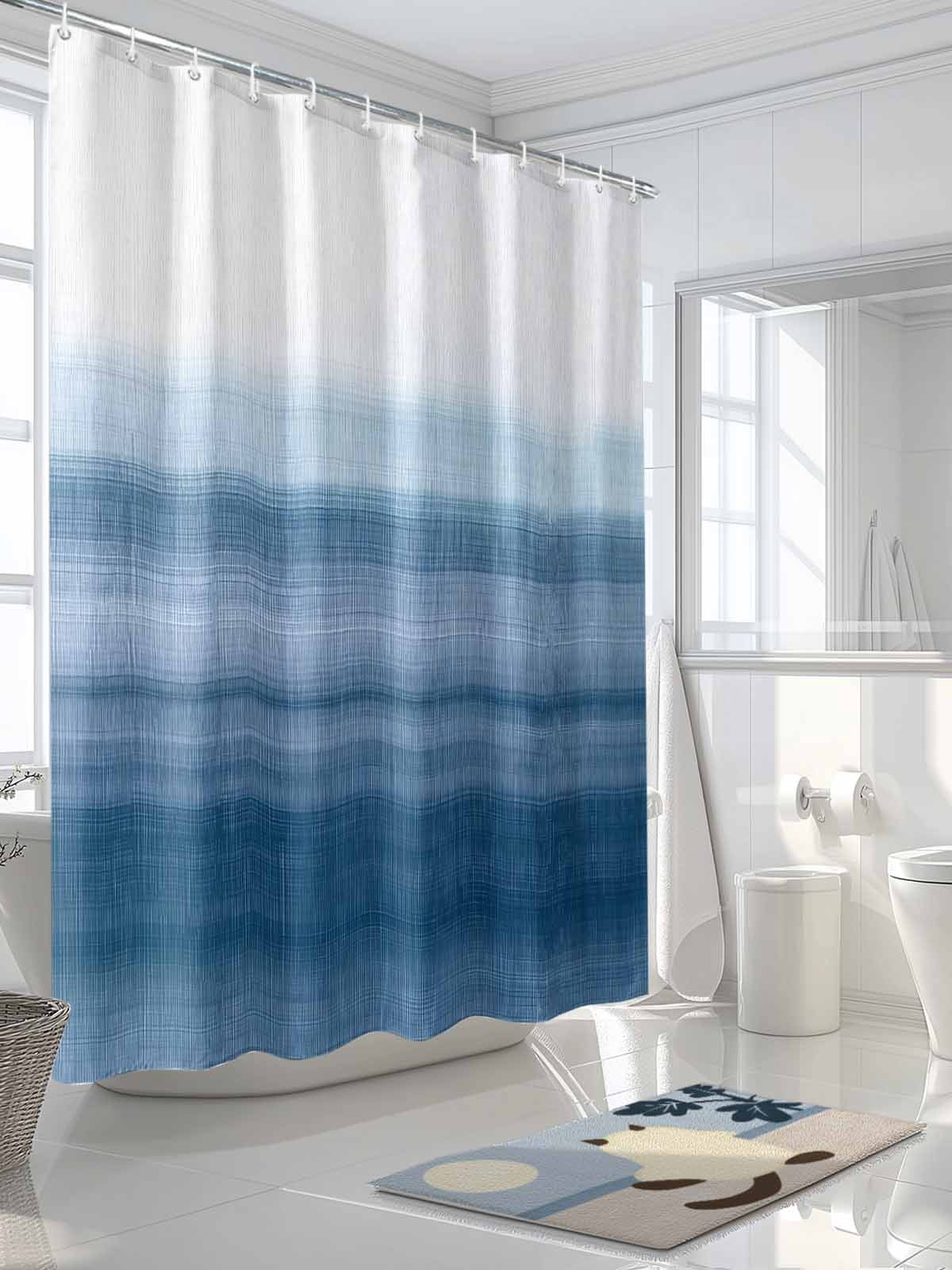 Haze Blue White Shower Curtain, Abstract Modern Brush Stroke Bathroom Decor Curtains Set with Hooks, Waterproof Fabric Home Accessories， Stall 54 X 78 Inch