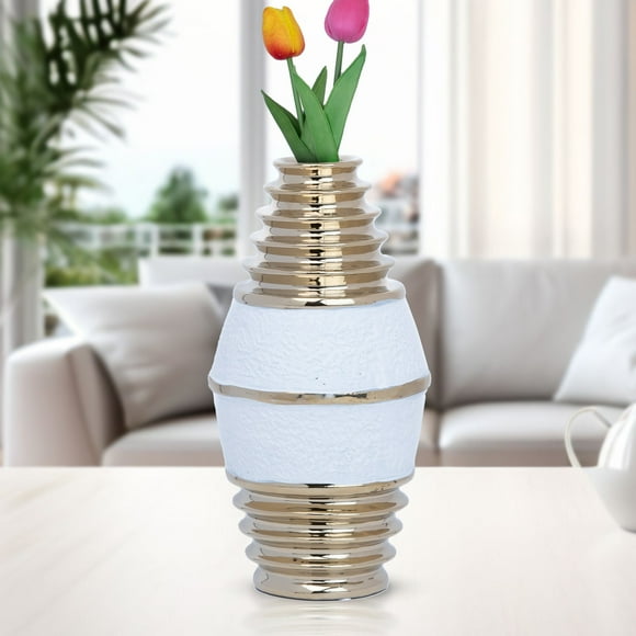 Accent Collection White Ceramic Tulip Vase, Golden Rims, 11" Modern Table Desk Shelf Centerpiece Decor, Unique Gifts