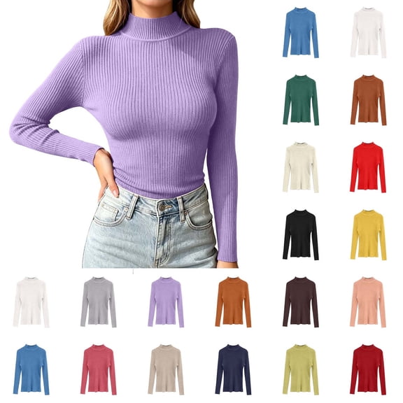 BXJX Womens Knit Sweaters, Slim Fit Long Sleeve Pullover Mock Neck Base Layer Tops Purple Size Free Size