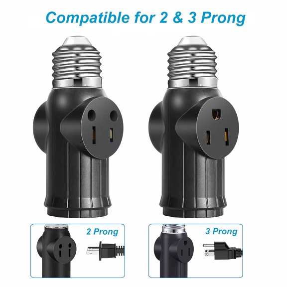 GHRTGR-3 Prong Light Bulb Outlet Socket to Plug Adapter, Black Light Socket Converter, E26/E27 Lamp Bulbs to 2/3 Prong Socket for Indoor Outdoor Use