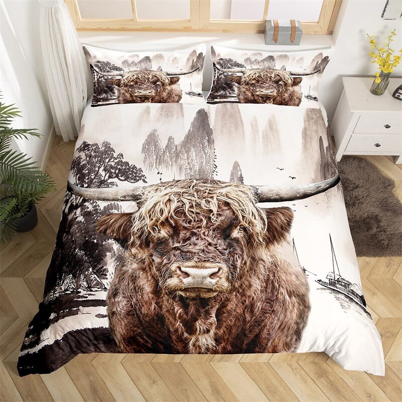 Highland Cow Duvet Cover Western Farmhouse Animal Bedding Set