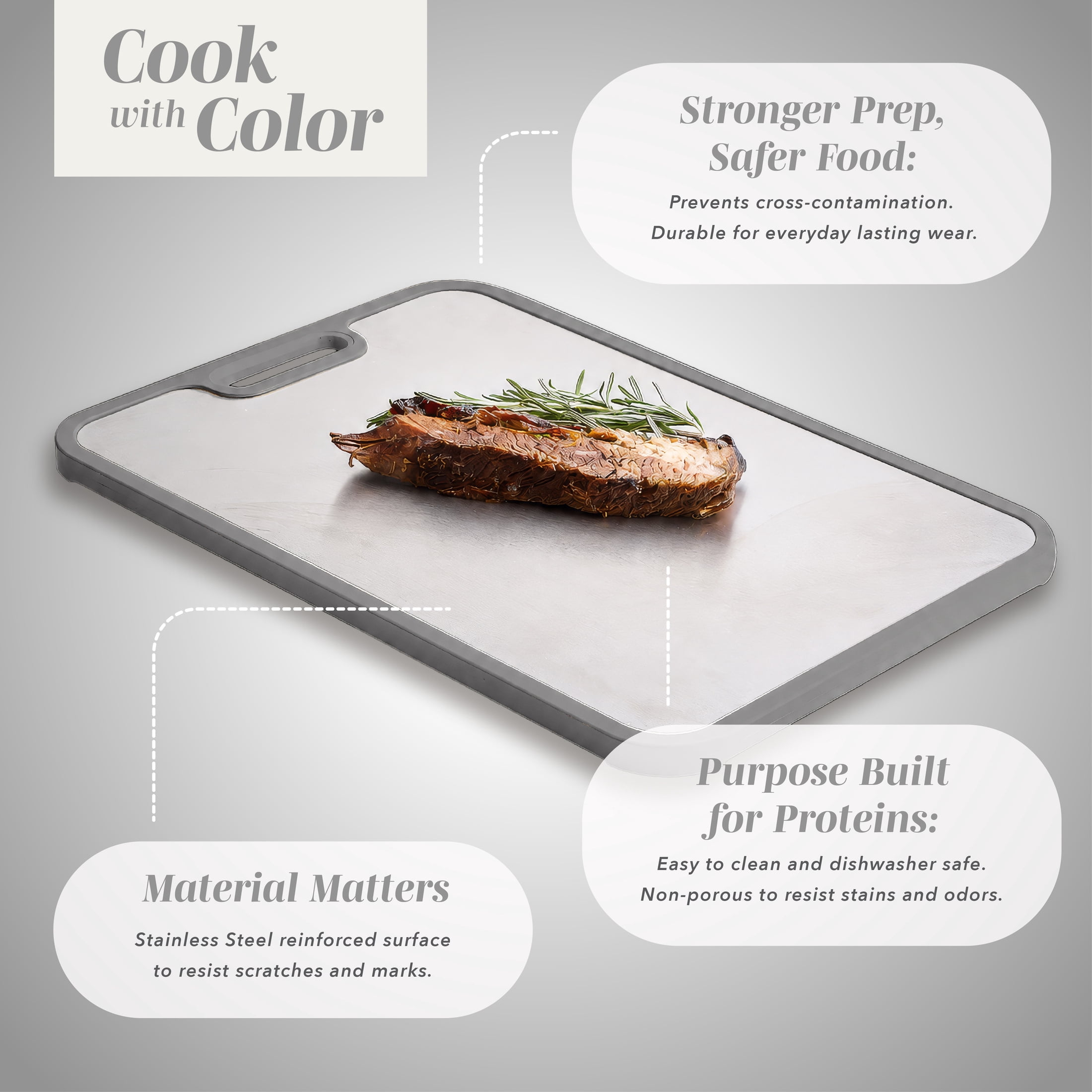 Cook with Color Dual-Sided Grey Cutting Board, Stainless Steel and Wheat Straw