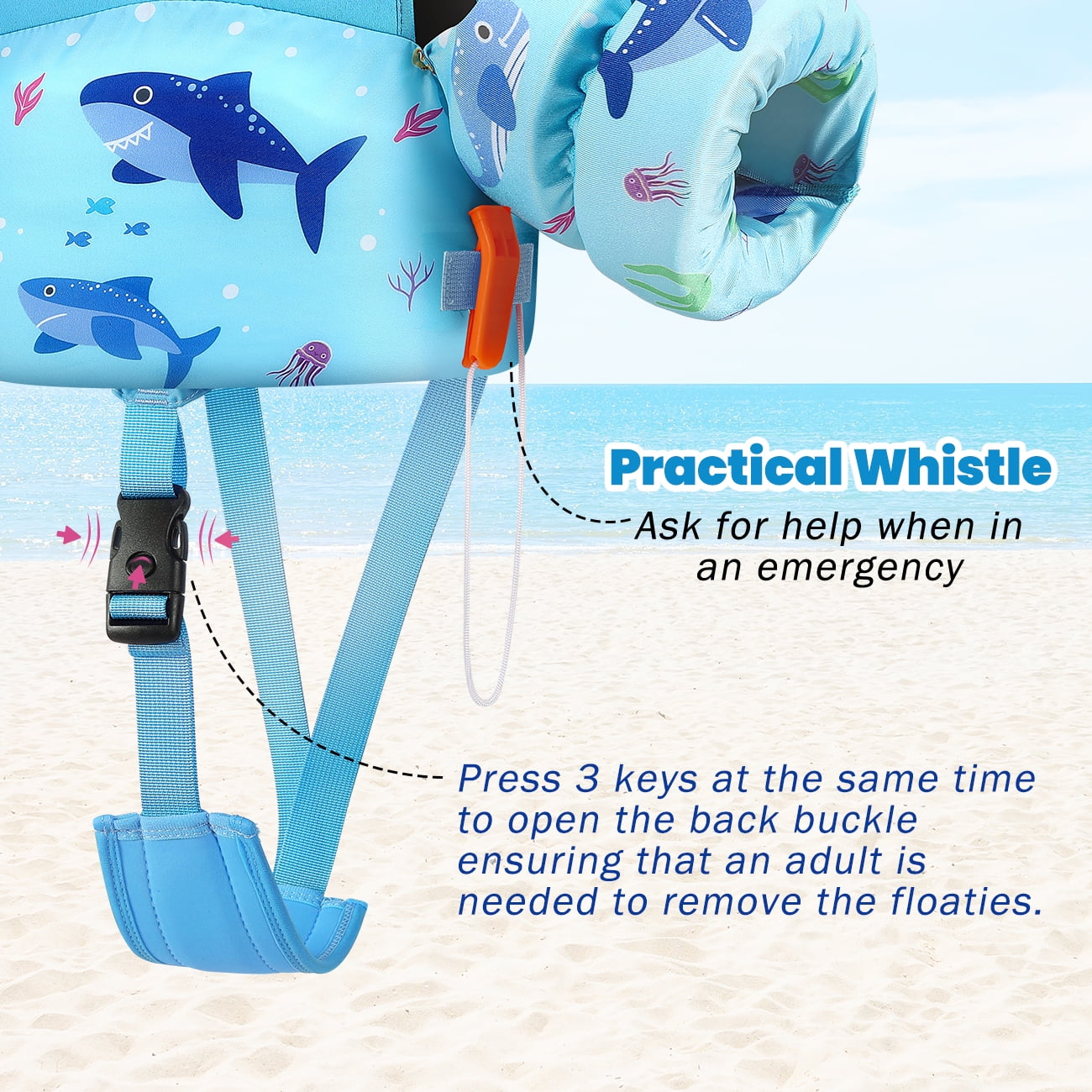 HeySplash Swim Vest for Kid,Arm Floaties with Adjustable Strap Fit 3-5 Years,Pool Sea Swimming Aid,Blue Shark