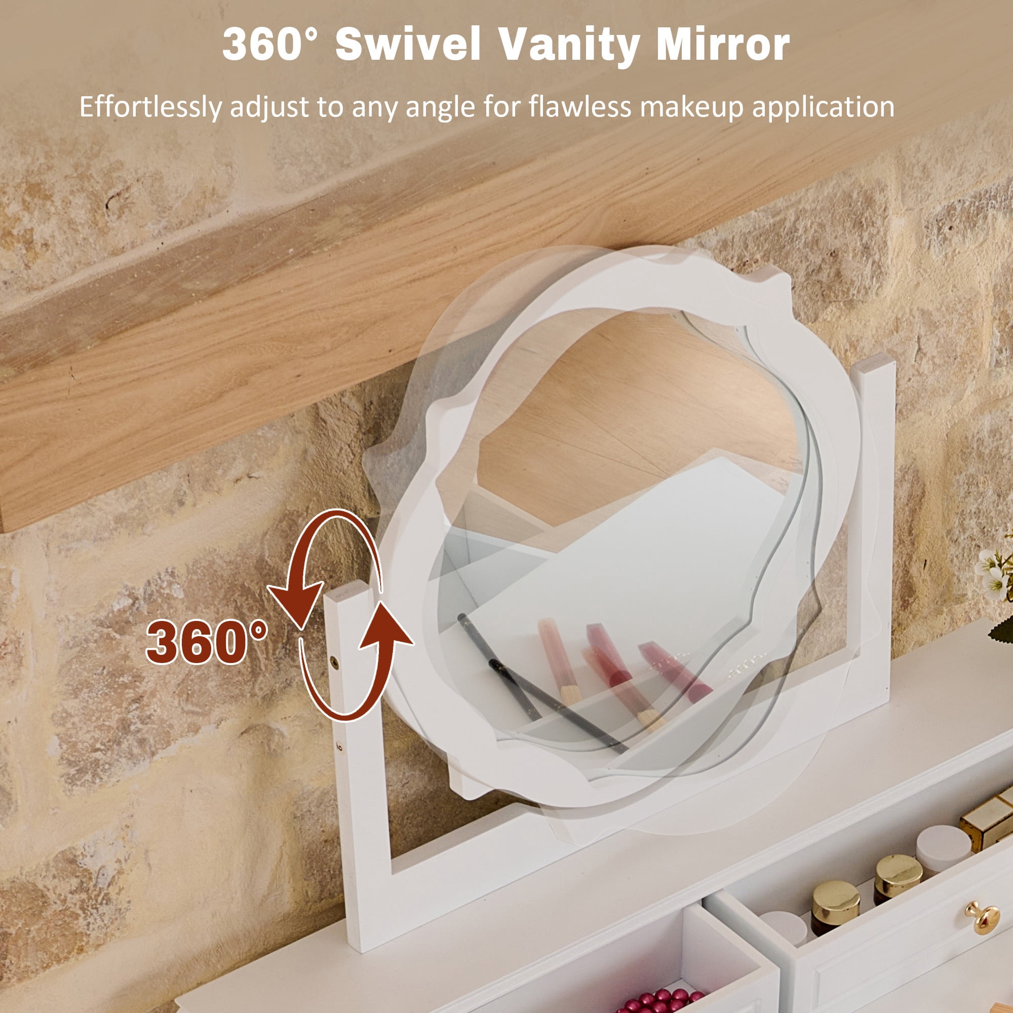 Leumius White Vanity Table Set with Reversible Mirror,Small Makeup Vanity Desk Dressing Table with Stool for Small Places,Bedroom
