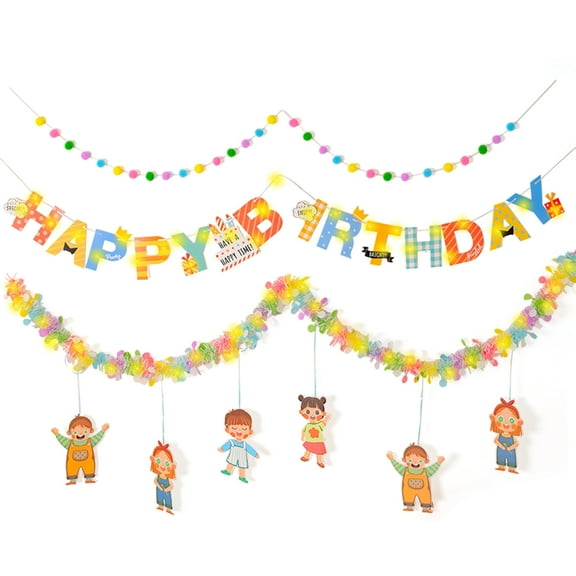Birthday decorations, happy birthday banner with pompoms, ribbons, lights, suitable for all children's birthday party decorations