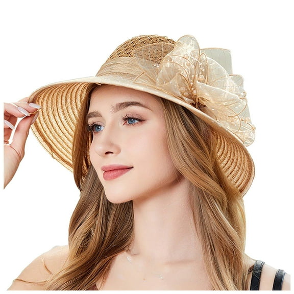 HJYCHN Elegant Women's Wide Brim Sun Hat Floral Design Summer Beach Dress Hat for Outdoor Occasions Khaki One Size