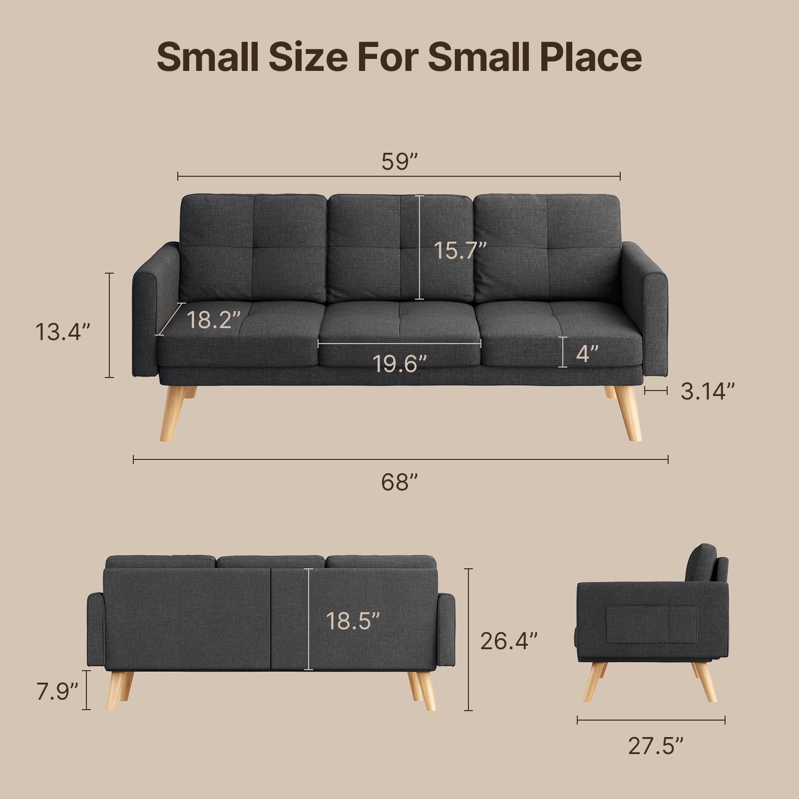Lofka 68" Sofa and Couch with Side Storage Pocket and 4" Thick Cushions for Living Room, Dark Gray Modern Home Furniture