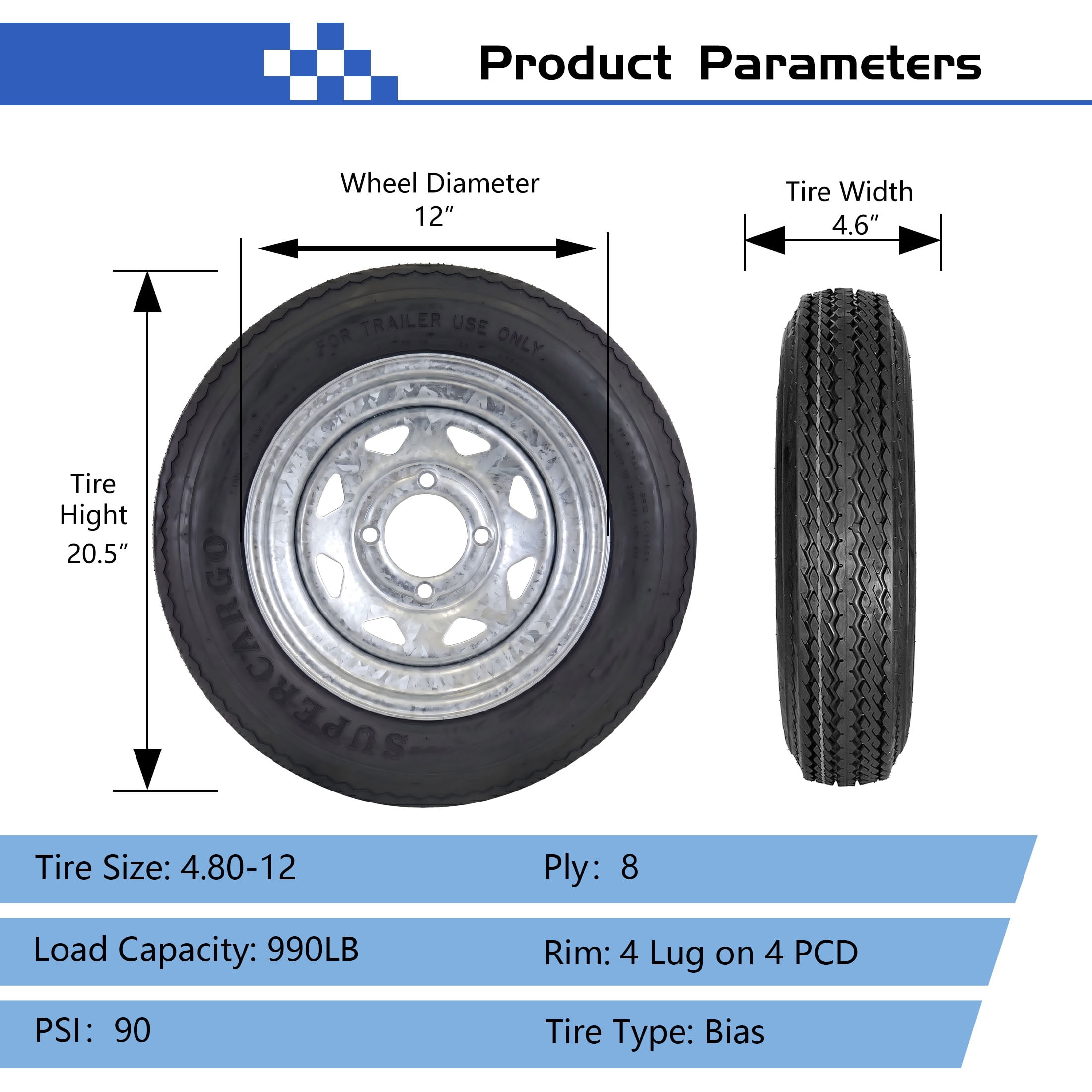 SUPER CARGO 2 Set SU02 4.80-12 6PR Boat Trailer Tire and 4-Lug Galvanized 8 Spoke Wheel Assembly