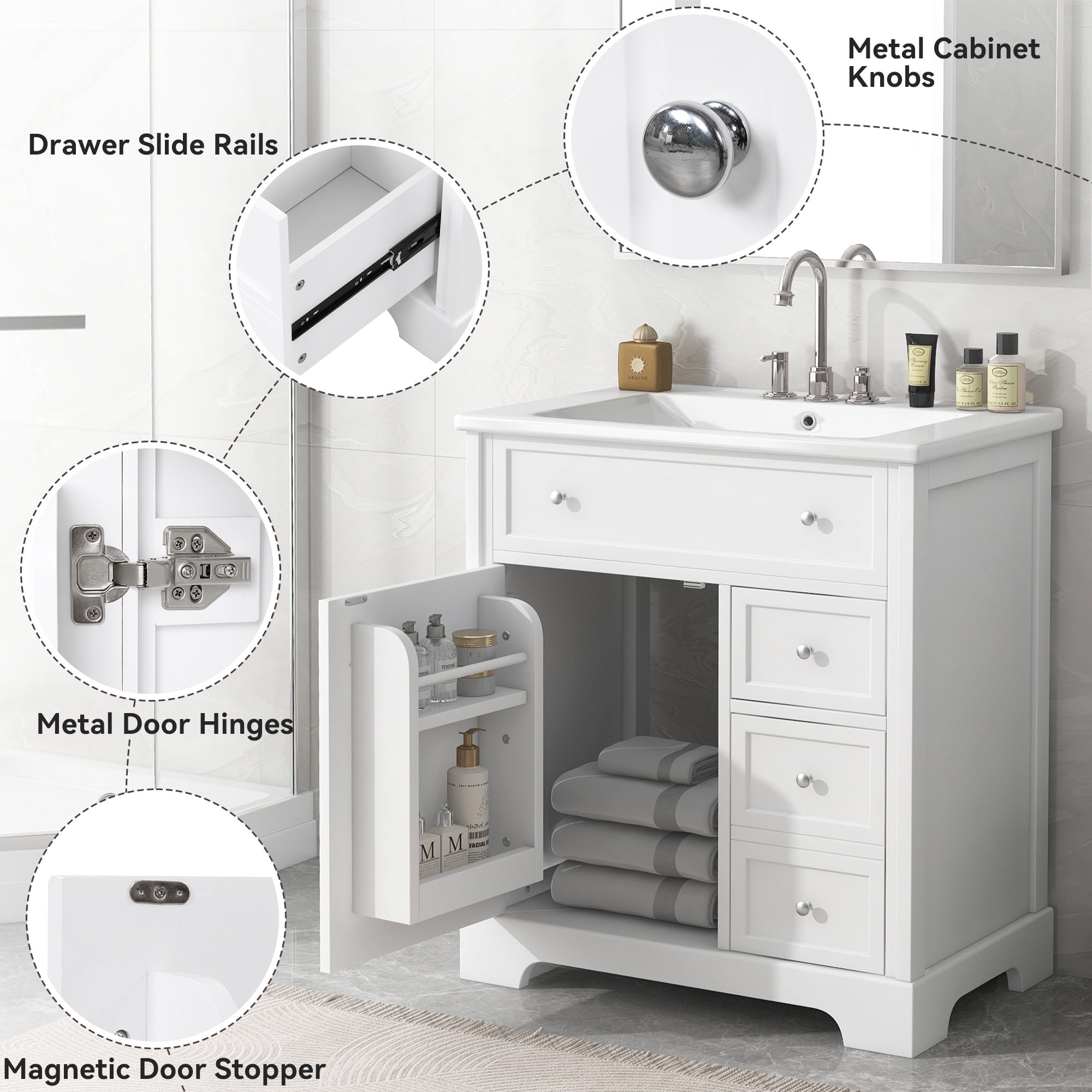 Euroco 24'' Bathroom Vanity with Ceramic Sink, Door Shelf, 2 Drawers and 1 Cabinet, Painted Finish, Solid Wood & MDF