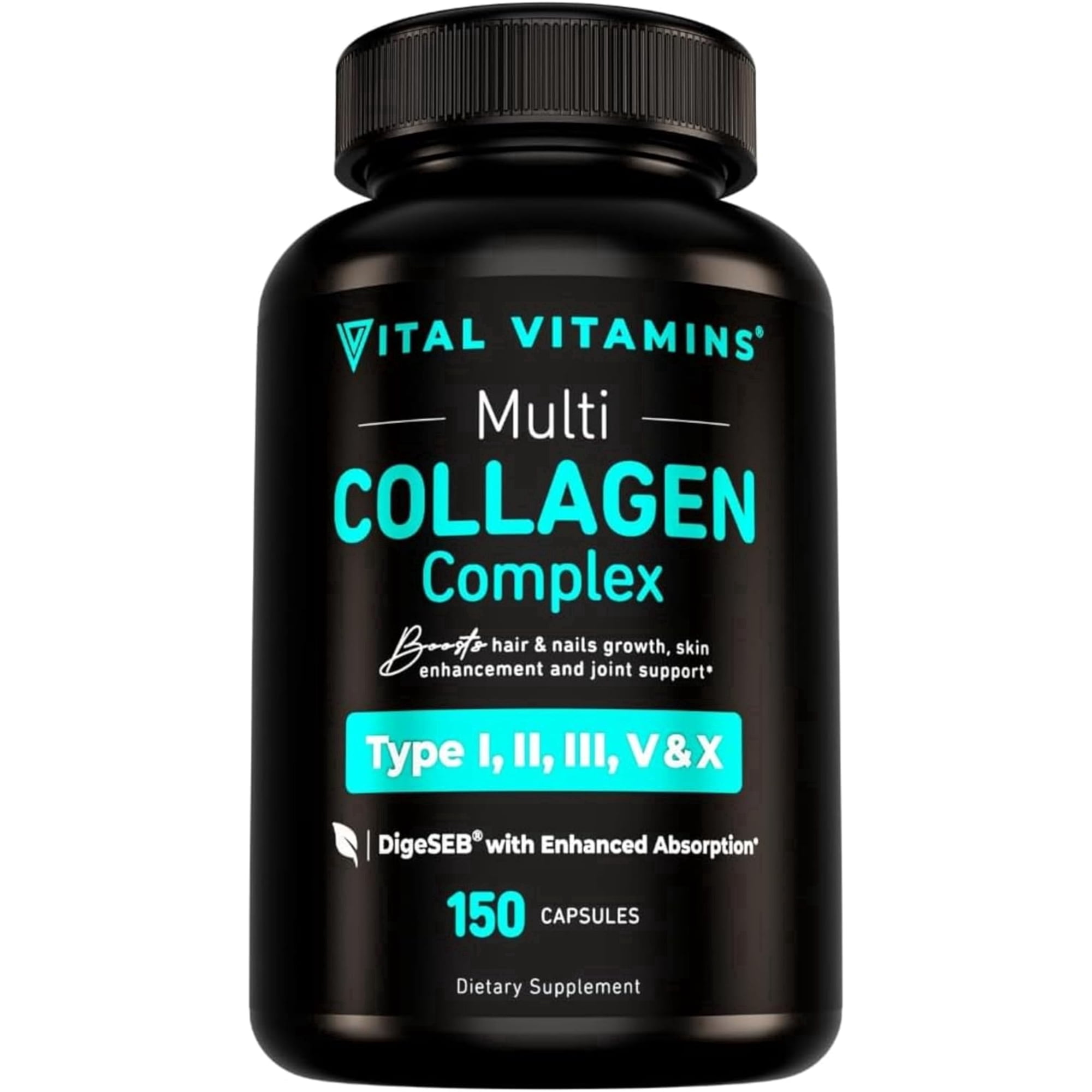 Vital Vitamins Multi Collagen Complex Capsules - Type I, II, III, V, X - Hair, Skin, Nails - 150 Ct