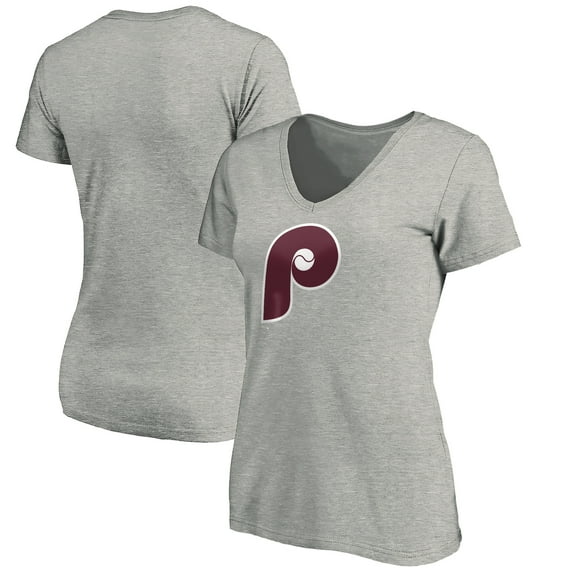 Women's Heathered Gray Philadelphia Phillies Cooperstown Collection Huntington Logo V-Neck T-Shirt