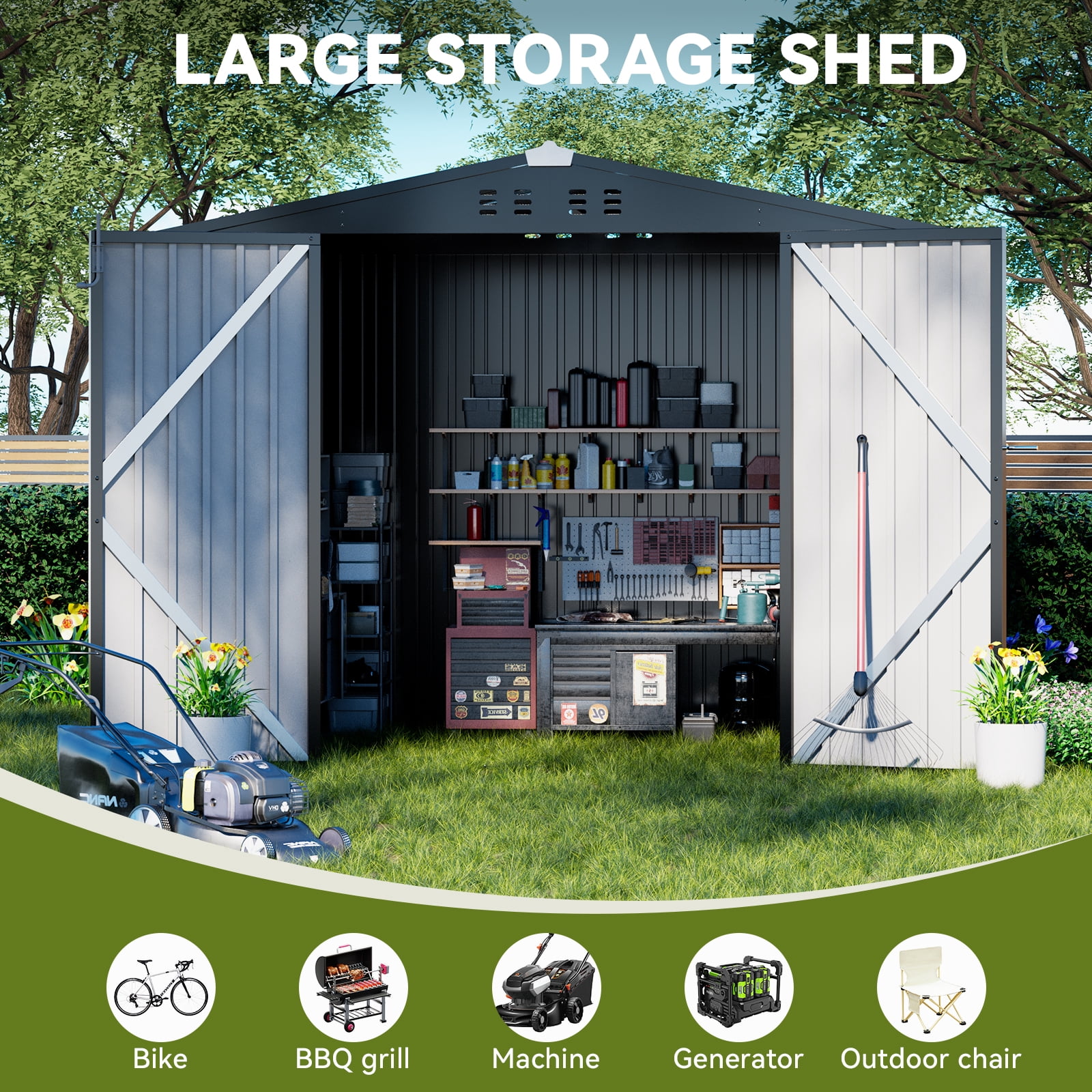 COMHOMA Outdoor Storage Shed 8 x 6 ft Shed with Lockable Door Steel Garden Shed with Air Vent,Gray