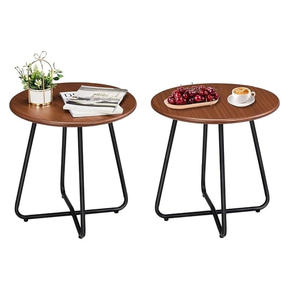 HHBEAUTY Indoor and Outdoor Side Table, Small Patio Side Table, Metal Round Portable Waterproof Weather Resistant End Table for Patio, Garden, Balcony, Yard, Wood Grain Color, Set of 2