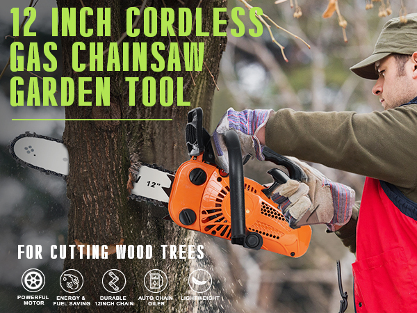 12-Inch Lightweight Gas Chainsaw 8lbs with Safety Lock, One-Hand Operation Chainsaw for Wood Cutting, Automatic Oiler System with Protective Case for Home & Professional Use.