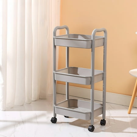 Qiweii 3-Tier Storage Cart,Shelf Organizer Mobile Shelving ,Utility Rolling Cart,Multifunction Movable Storage Organizer with Lockable Wheels and handrails Kitchen Storage Cart
