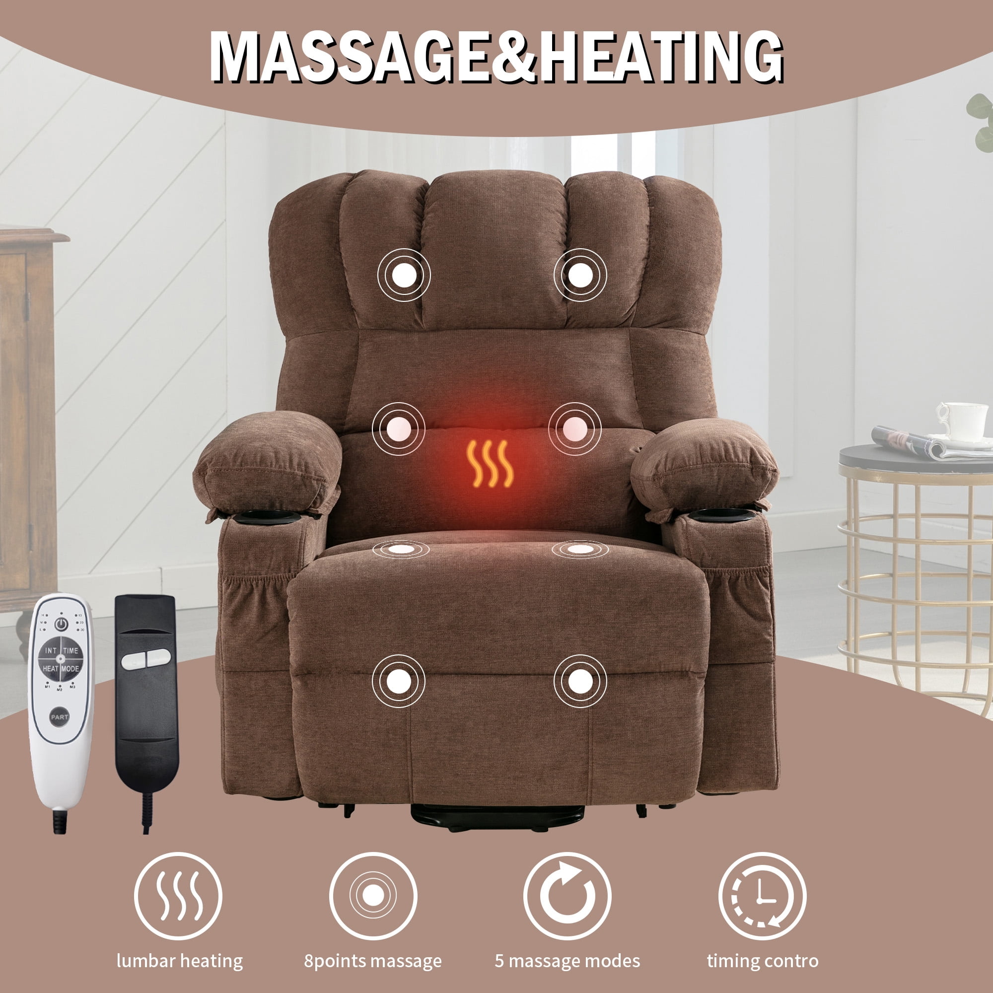 Segmart Power Lift Recliner Chair for Elderly with Massage & Heat, 350lbs Capacity, Soft Linen Fabric, Remote Control, USB Port, Brown – Electric Lounge Chair for Living Room