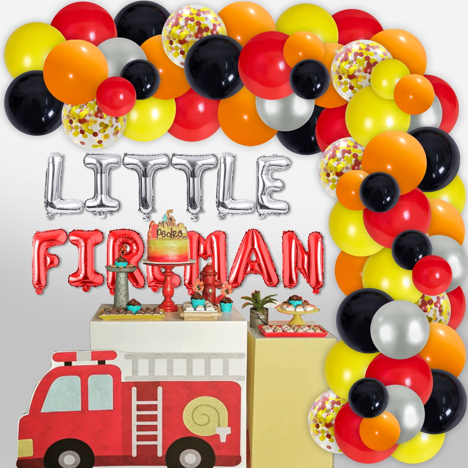 Little Fireman Birthday Party Supplies, Fire Truck Birthday Decoration, Red Orange Yellow Latex Balloons Arch Kit, Fire Engine Foil Balloons for Boys Adults Fire Themed Birthday Party Supplies
