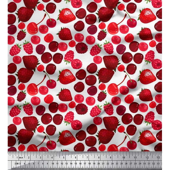 Soimoi Japan Crepe Satin Fabric Raspberry,Strawberry & Cherry Fruits Decor Fabric Printed Yard 42 Inch Wide