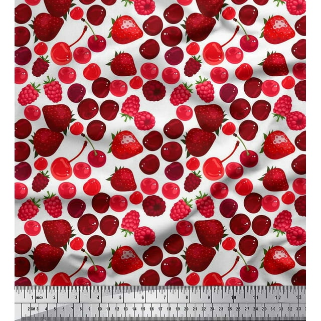 Soimoi Velvet Fabric Raspberry,Strawberry & Cherry Fruits Print Sewing Fabric Yard 58 Inch Wide