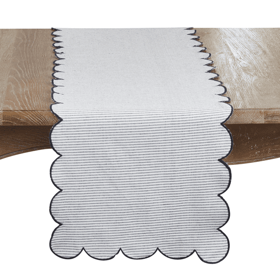 Fennco Styles Striped Scalloped Cotton Table Runner 16" W x 72" L - Navy Blue Pinstripe Table Cover for Home, Dining Room Décor, Everyday Use, and Holidays (Natural)