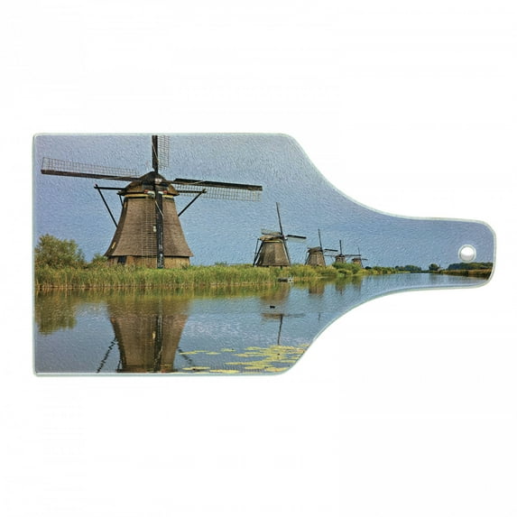 Dutch Cutting Board, Landscape Image of Traditional Wooden Windmills from Kinderdijk, Decorative Tempered Glass Cutting and Serving Board, in 3 Sizes, by Ambesonne