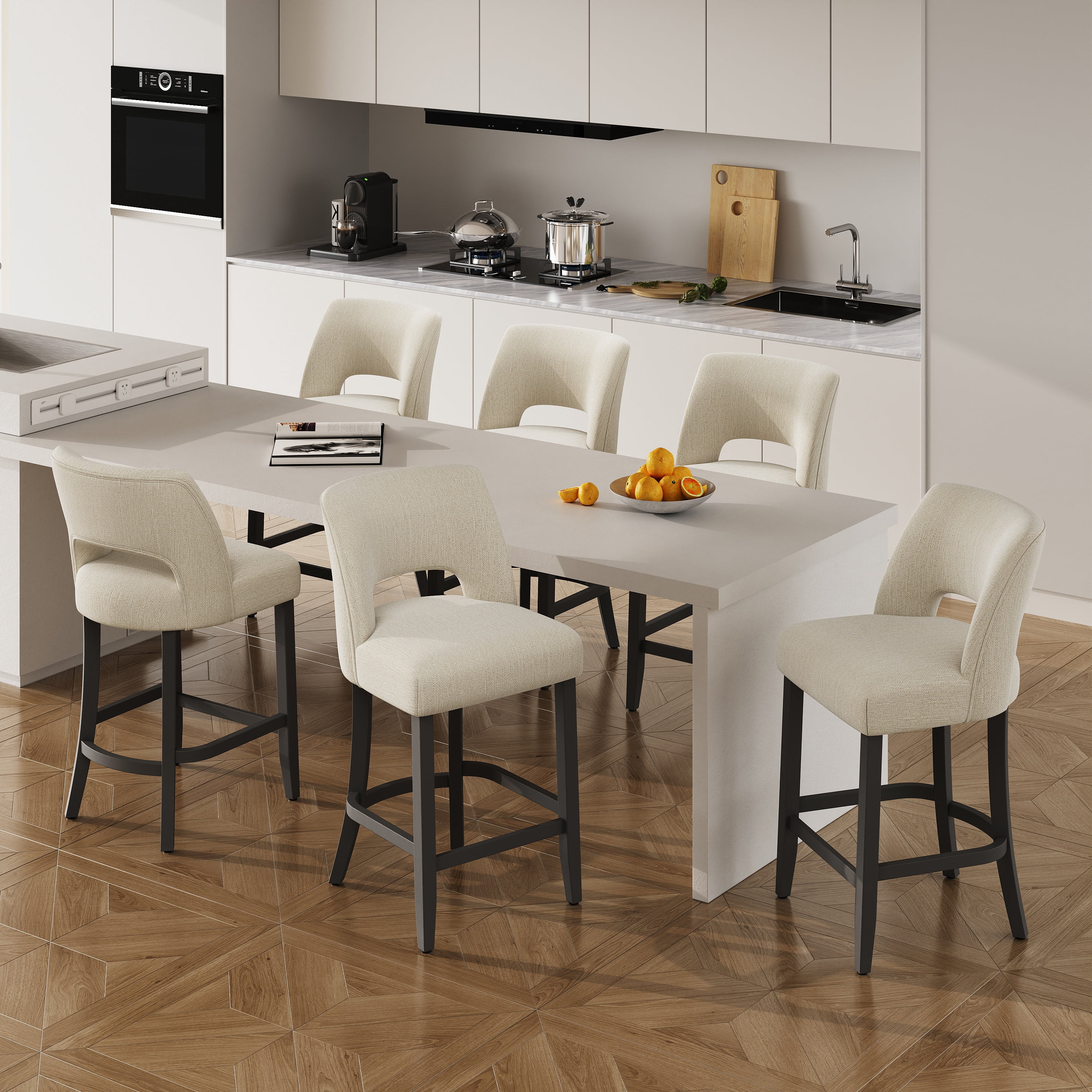 Vknow Furniture Mid-Century Counter Height Bar Stools Set of 6 with Solid Wood Legs and Ergonomic Backrest for Kitchen Island and Dining Room,Beige