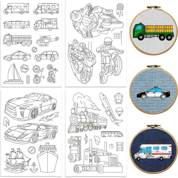 Water Soluble Embroidery Patterns for Beginners 4 Sheets with 38 Transportation Vehicle Patterns Racing Motorcycle Wash Away Embroidery Pattern Stabilizer for Hand Sewing Lover Women Adults