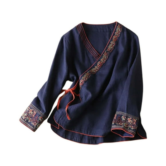 Women's Ethnic Style Linen Embroidered Top Loose Fit Vintage Clothing Neck Tops for Women T Shirt Pack Women's T Shirt Medium Long Sleeve Polyester Shirt Women Tee Shirts Women Layering Long Sleeve