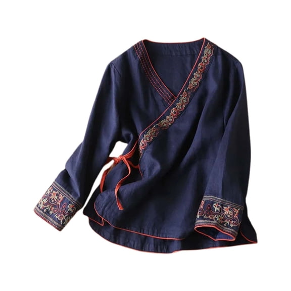 Adeawade T Shirts For Women Crewneck Solid Color Flowear Embroidered Top Loose Fit Clothing Long Sleeve Tee Fashion Commuting Wear Navy L=2