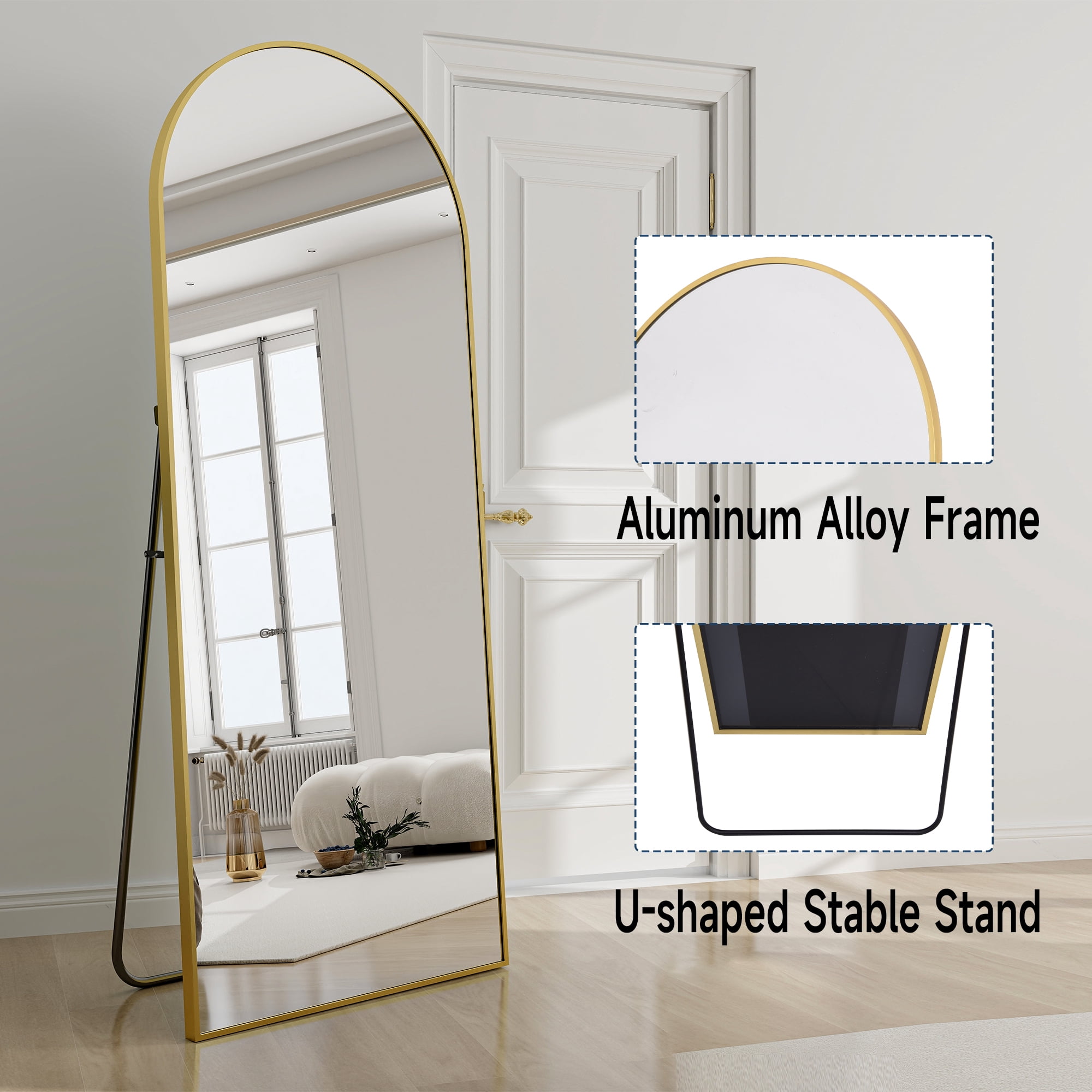 Anyrose 24"x65" Full Length Mirror with Arch-Top Standing Mirror Wall Mounted, Gold