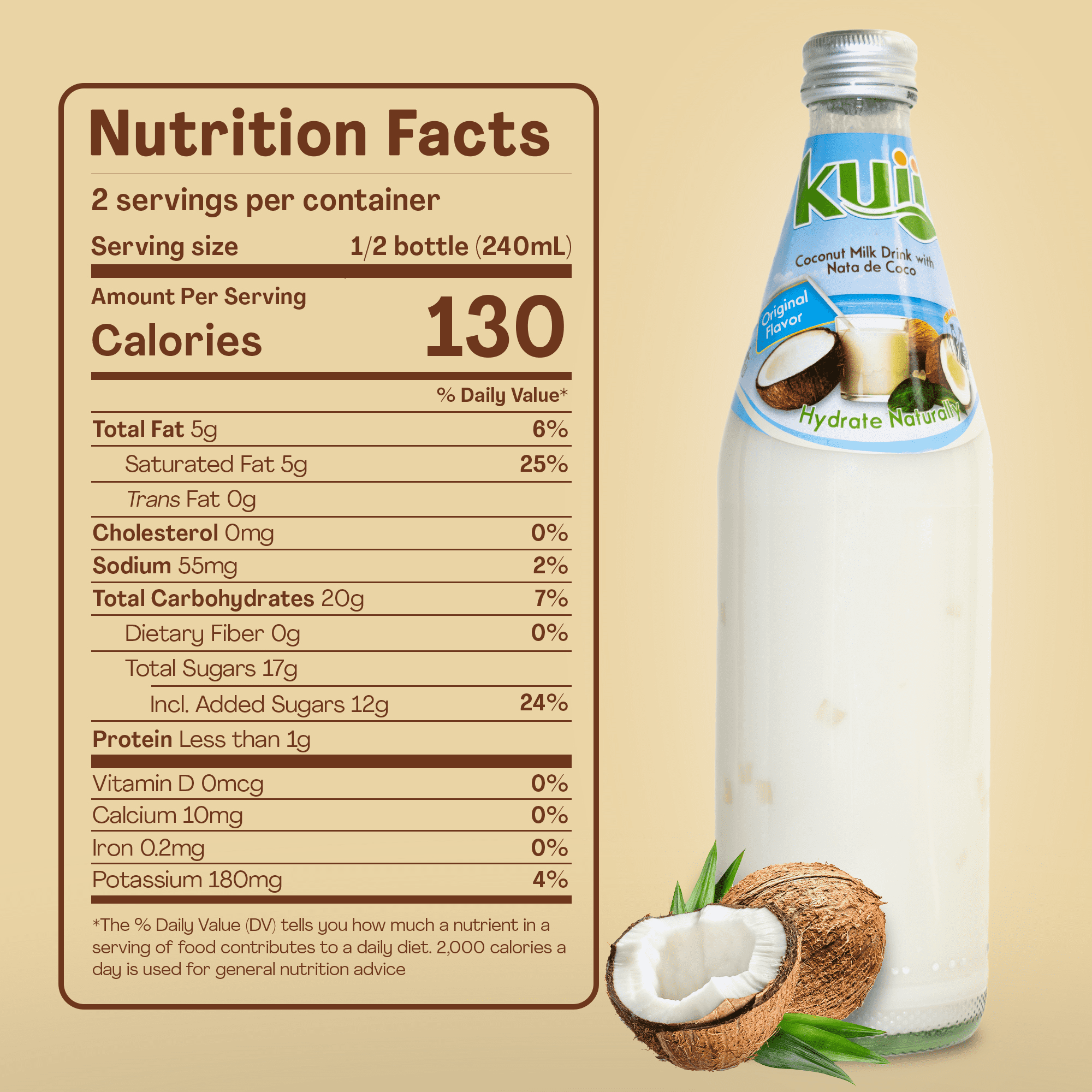 (12 pack) Kuii Drinks Coconut Milk with Nata de Coco, Original, 485 mL Single Glass Bottle