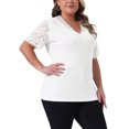 thumbnail image 4 of Blusa elegante de manga corta de encaje con cuello en V para mujer de tallas grandes Agnes Orinda, tunic ribeteada, 4X, blanca, primavera-verano, 4 of 6