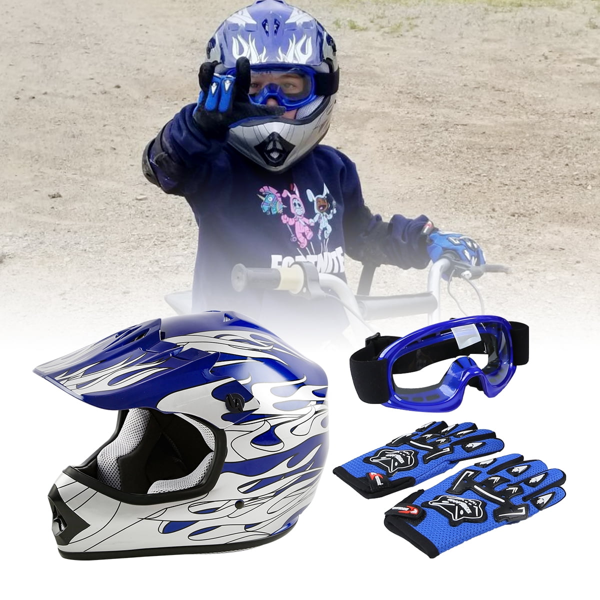 Youth Motocross Blue Helmet With Black Goggles Gloves DOT Kids 