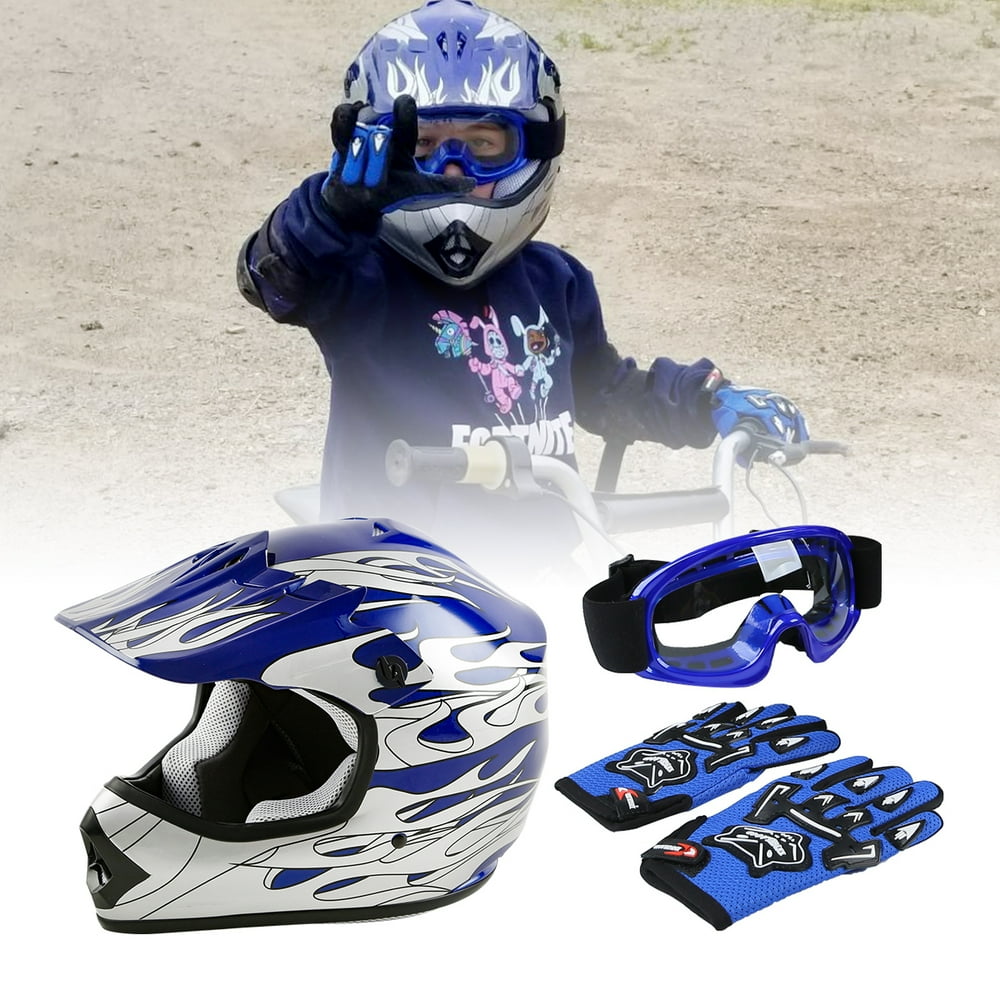 TCMT Helmet for Kids Blue Flame with Goggles & Gloves DOT Youth helmet