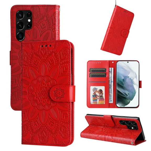 Wallet Case for Samsung Galaxy S23 Ultra, Exquisite Flower Embossed Pattern Magnetic Clasp PU Leather Flip Folio Cover with Kickstand Card Slots Holder Soft Silicone Shockproof Case,Red