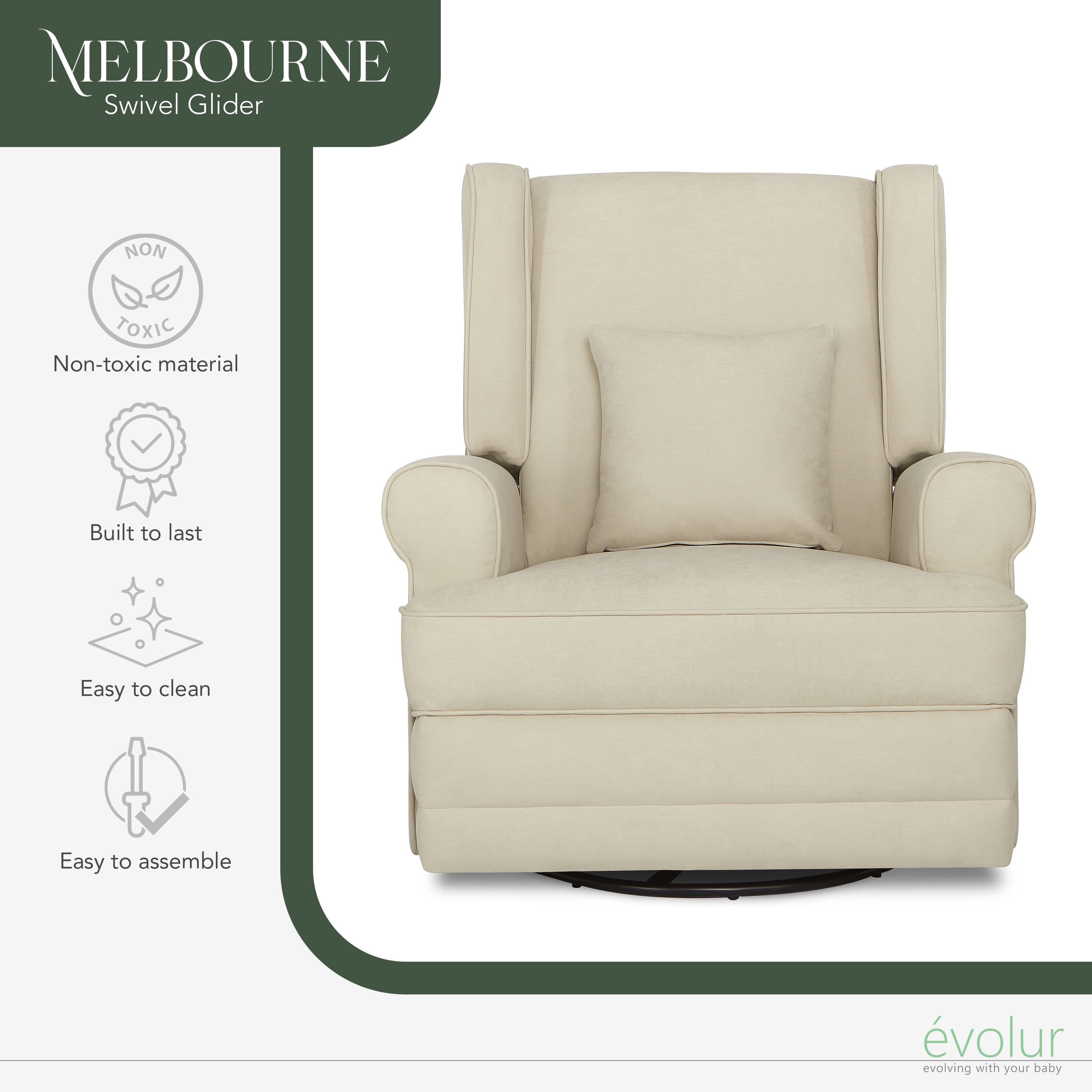 Evolur Melbourne Wing Back Swivel Glider I Nursery Glider I Durable Soft Fabric I Bonus Pillow In Shell