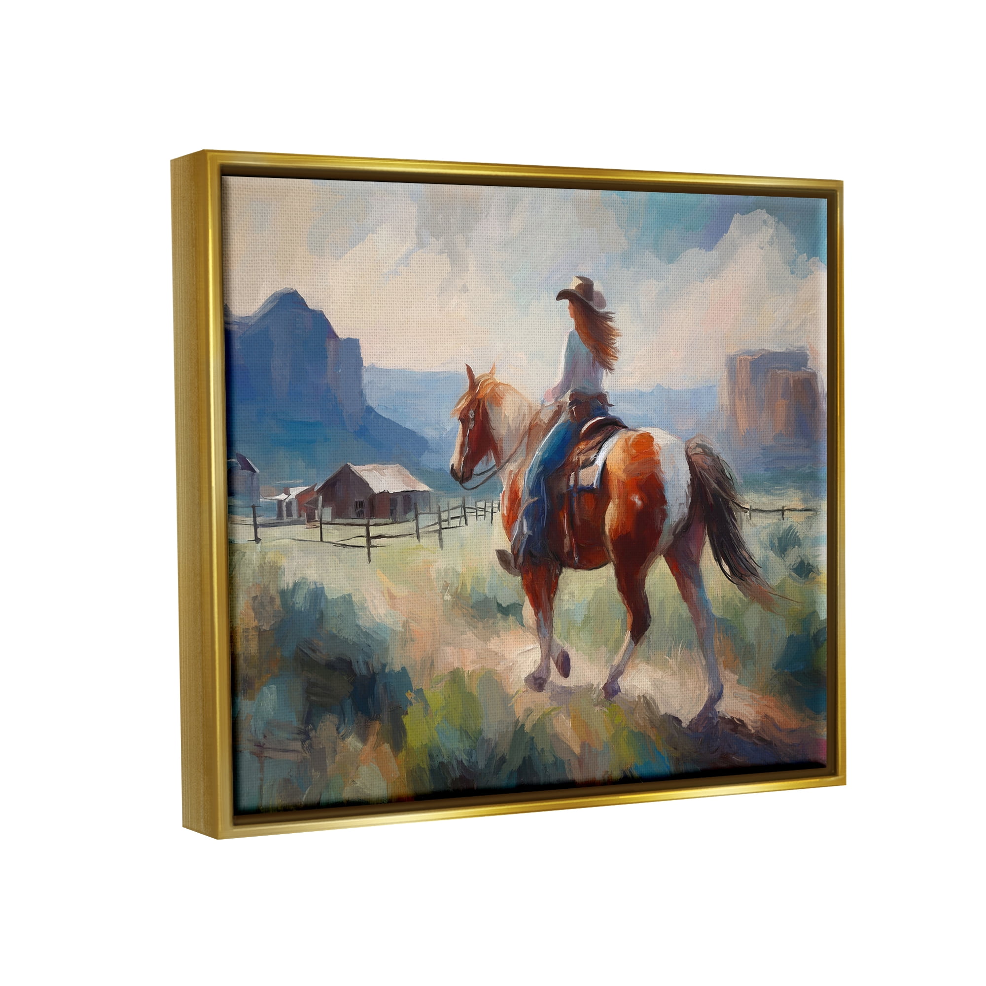 Stupell Industries Southwestern Cowgirl Landscape Animals & Insects Painting Gold Floater Framed Canvas Art Print Wall Art, 21 x 17