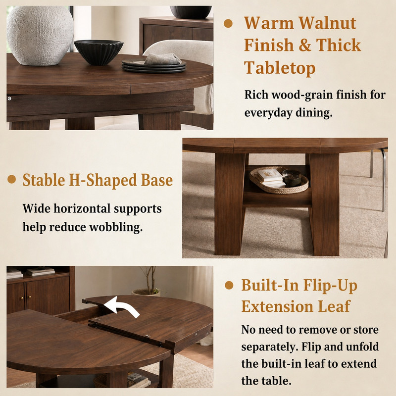 43"-59" Extendable Round-to-Oval Dining Table for 4-6 with Flip-Up Leaf, Kitchen Accent Dinner Table with Storage Shelf