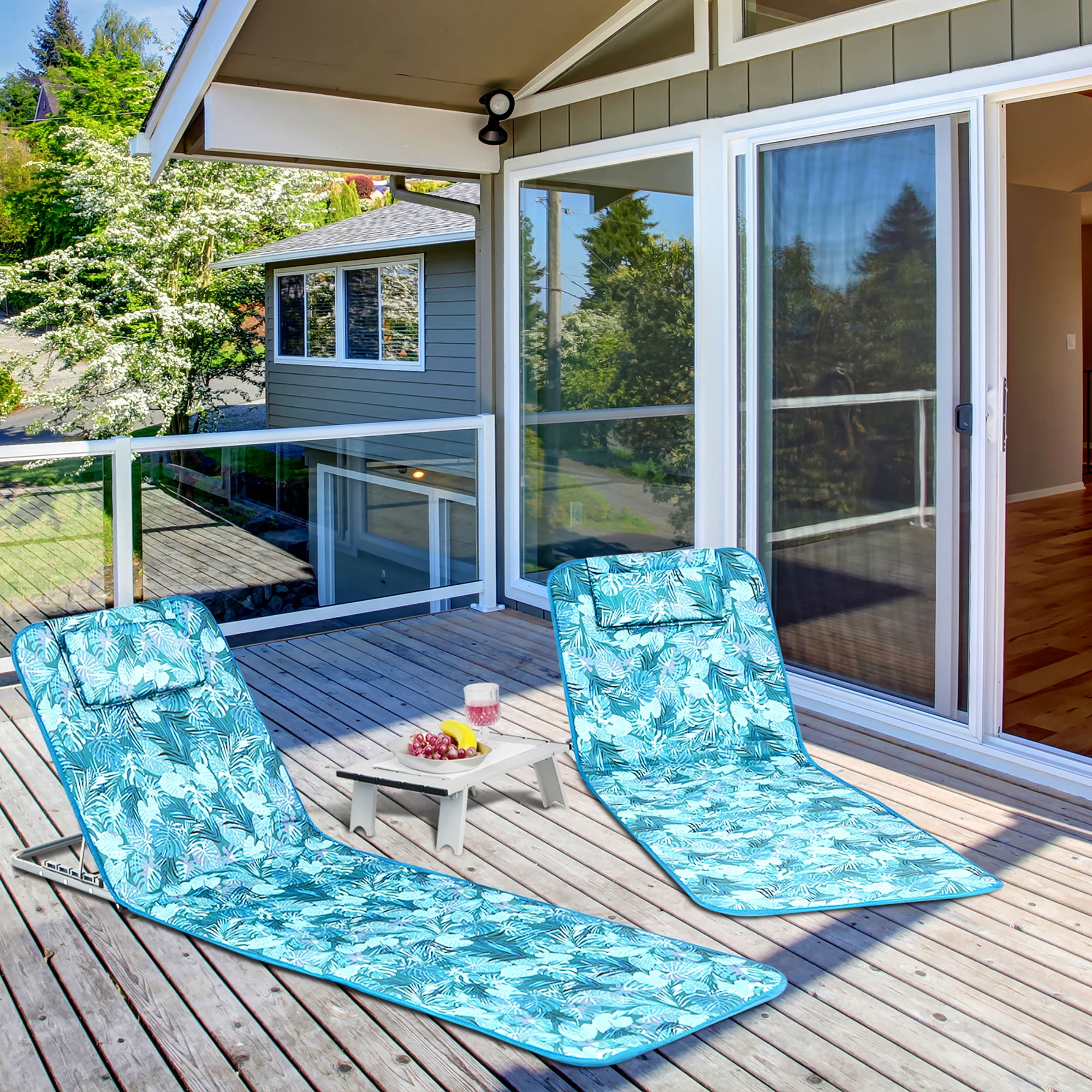 Costway 3 Piece Beach Lounge Chair Mat Set 2 Adjustable Lounge Chairs with Table Green Walmart