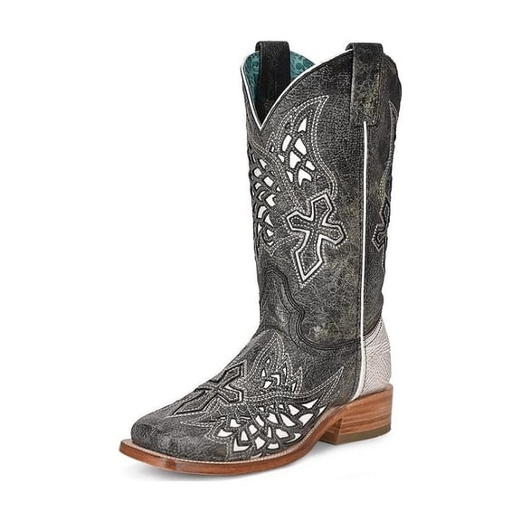 Corral Women's Black and White Inlay Embroidery Wide Square Toe Boots (5M)