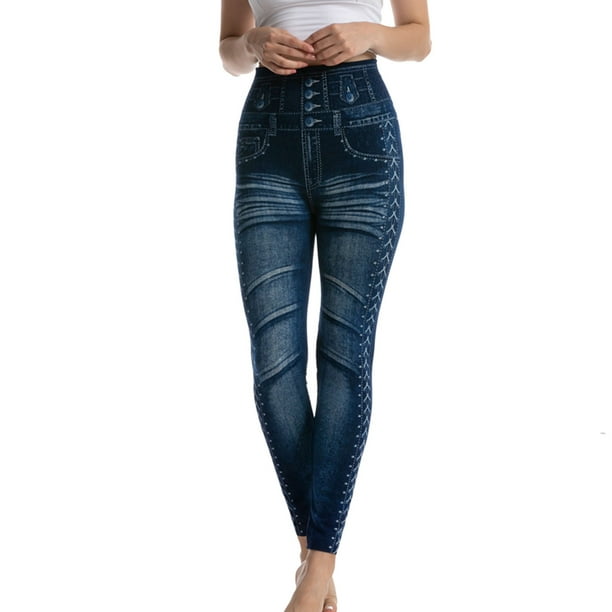 Leggings elásticos de cintura alta con estampado de rayas imitación denim para mujer - Pantalones térmicos de poliéster para senderismo y yoga