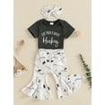 thumbnail image 4 of Qmyliery Baby Girl Summer Outfits Letter Print Short Sleeve Round Neck Romper + Ice Hockey Print Flare Pants + Headband 3 6 12 18 Months, 4 of 9