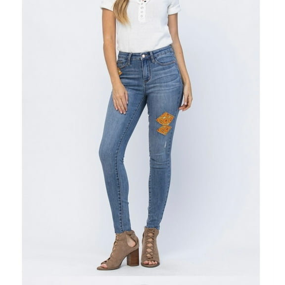 JUDY BLUE PLUS SIZE MID-RISE 70'S PATCH SKINNY JEANS