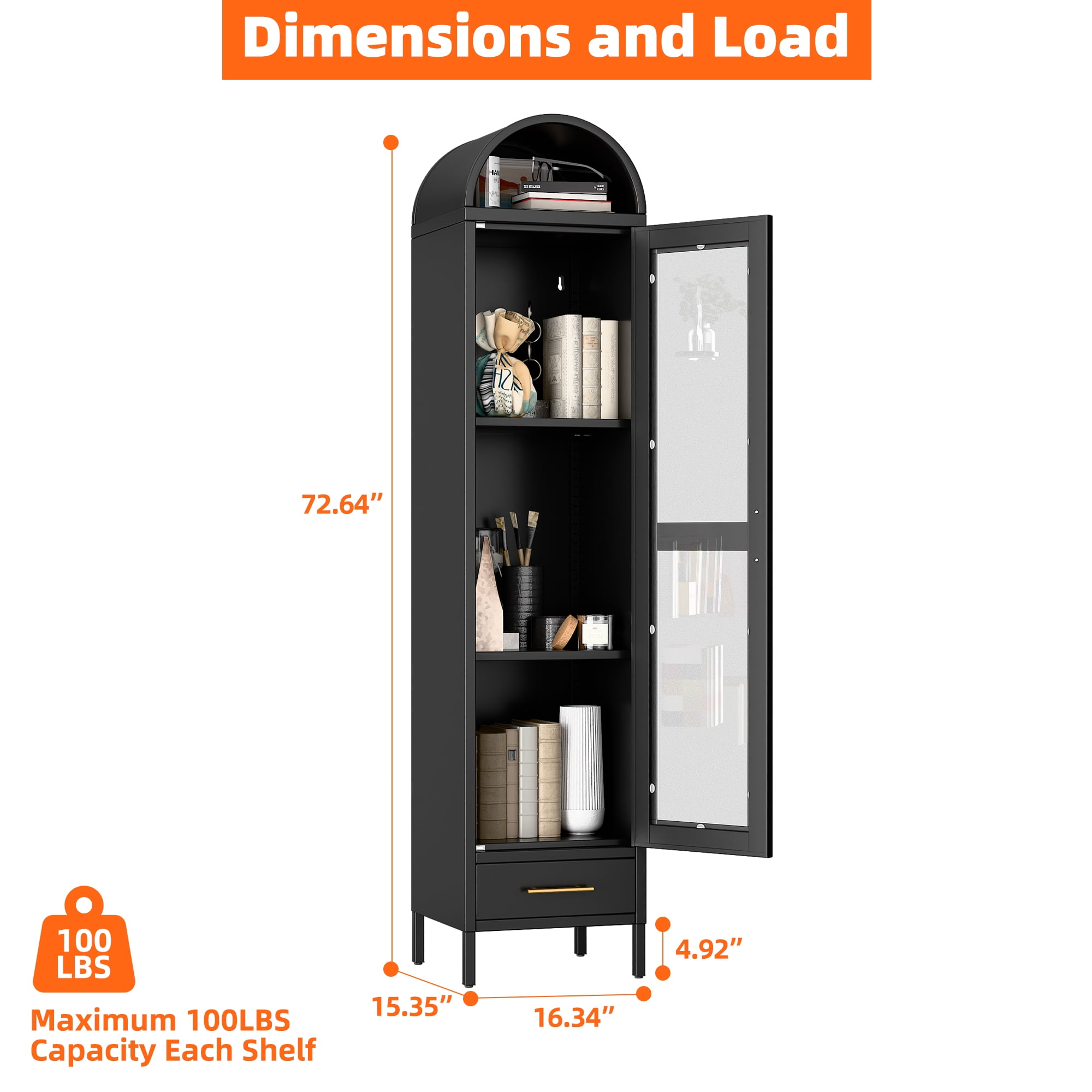 Aobabo Metal Arched Cabinet, Arch Display Bookcase Cabinet with Glass Door and 2 Shelves, Kitchen Pantry Storage Cabinet for Dining Room, Home, Office, Kitchen, Study Room, Assembly Required (Black)