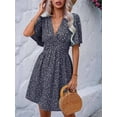 thumbnail image 5 of Women Summer Casual Floral Print Short Flutter Sleeve Mini Dress Casual Sundress V Neck Sun Dresses Black S, 5 of 9
