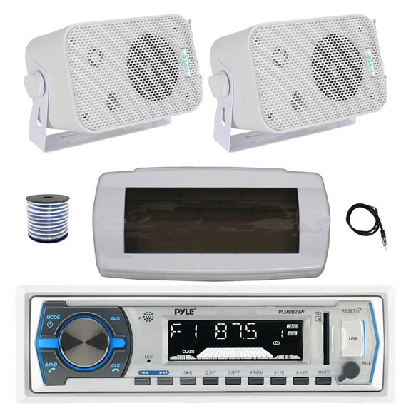Pyle PLMRB29W Single DIN Bluetooth Marine MP3 AM/FM Stereo Receiver with White Cover, 22" Radio Antenna, Wire, 2x 3.5" 300W Max Indoor/Outdoor Waterproof Wall Mount Speakers (White)