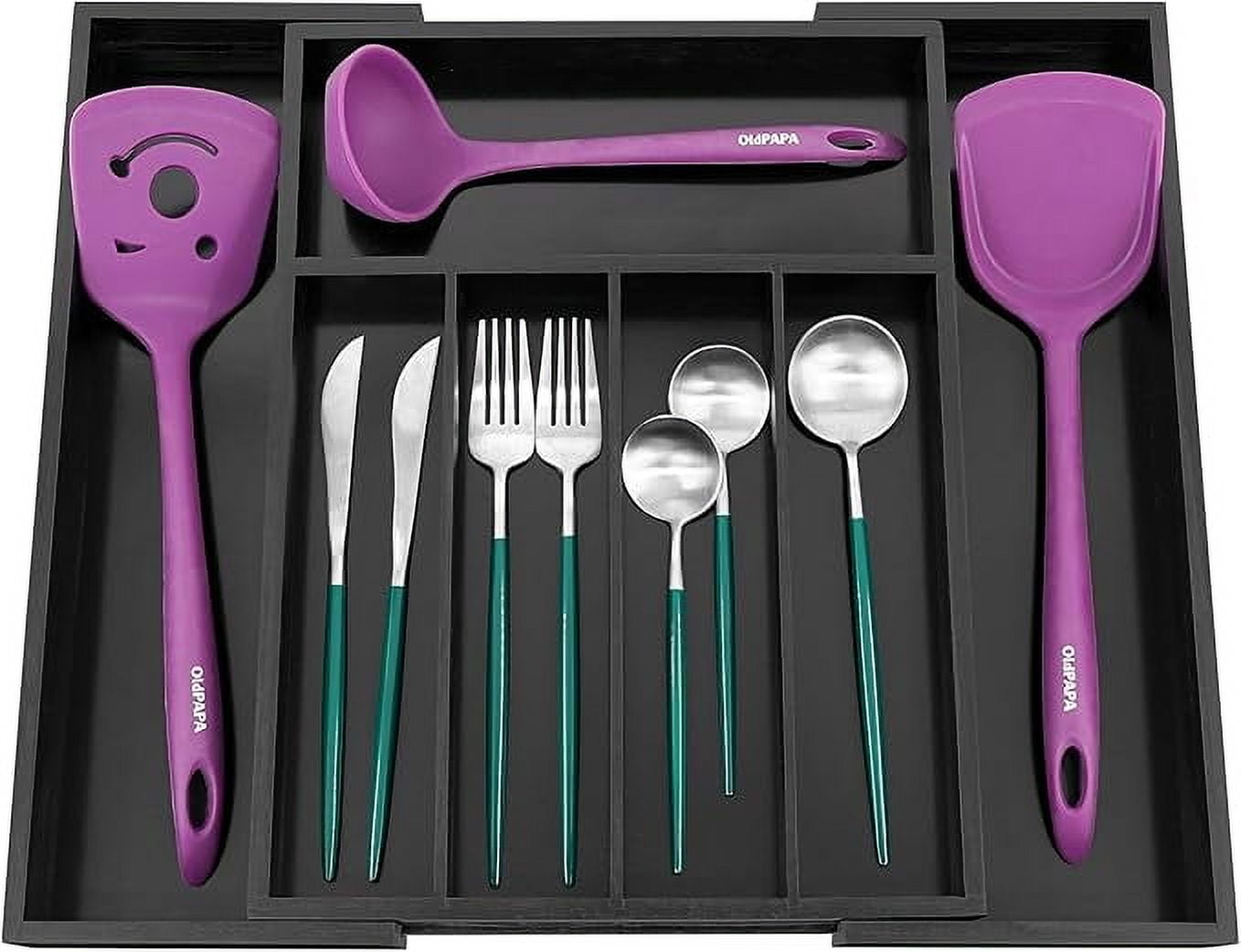 Utoplike Bamboo Black 5-7 Slots Silverware Drawer Organizer, Expandable Kitchen Utensils Drawer Organizer, Cutlery Tray, Flatware Caddy Drawer Insert