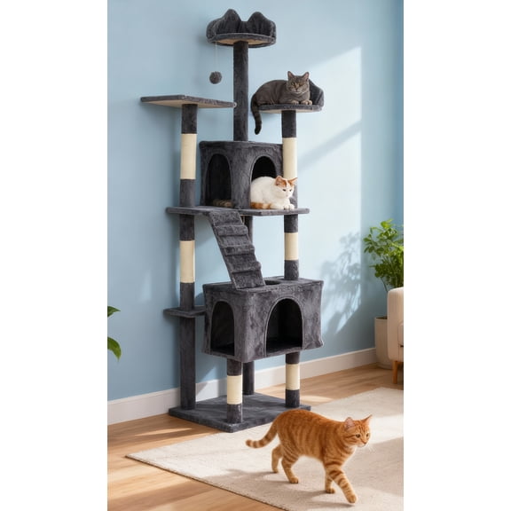 72-74" Tall Cat Tree Tower for Large Cats – Heavy-Duty Multi-Level Condo, 2 Perches, 2 Caves & Hammock, Pom-Pom Toys