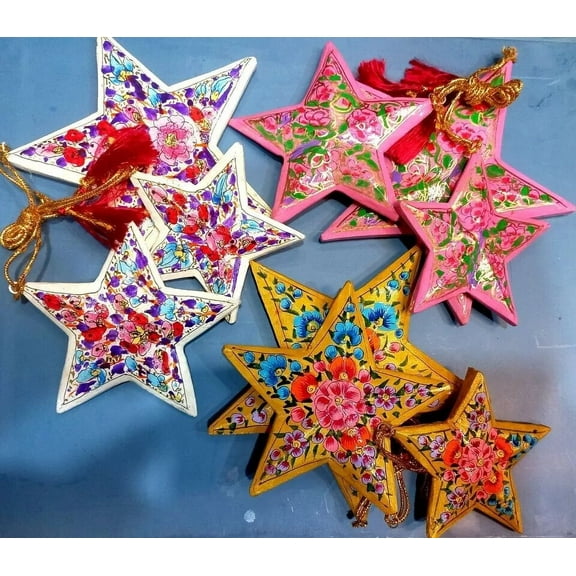 3 Decorative Chrsitmas Decorations Assorted Paper Mache Stars HandPainted Home Decor Gift